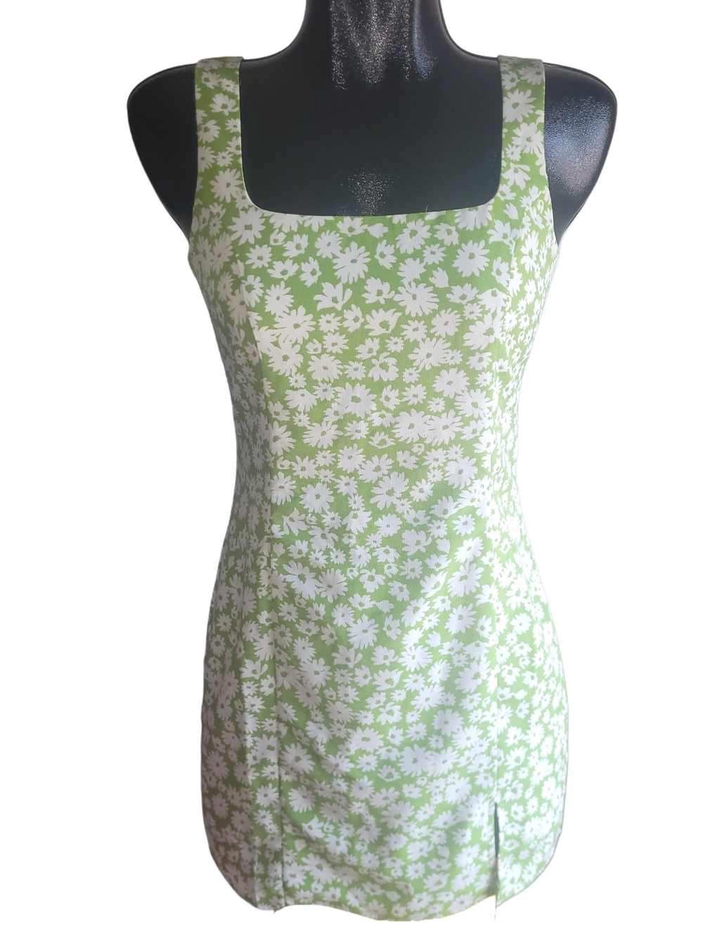 Sage The Label Green and Cream Floral Square-Neck Fitted Mini Dress Size S